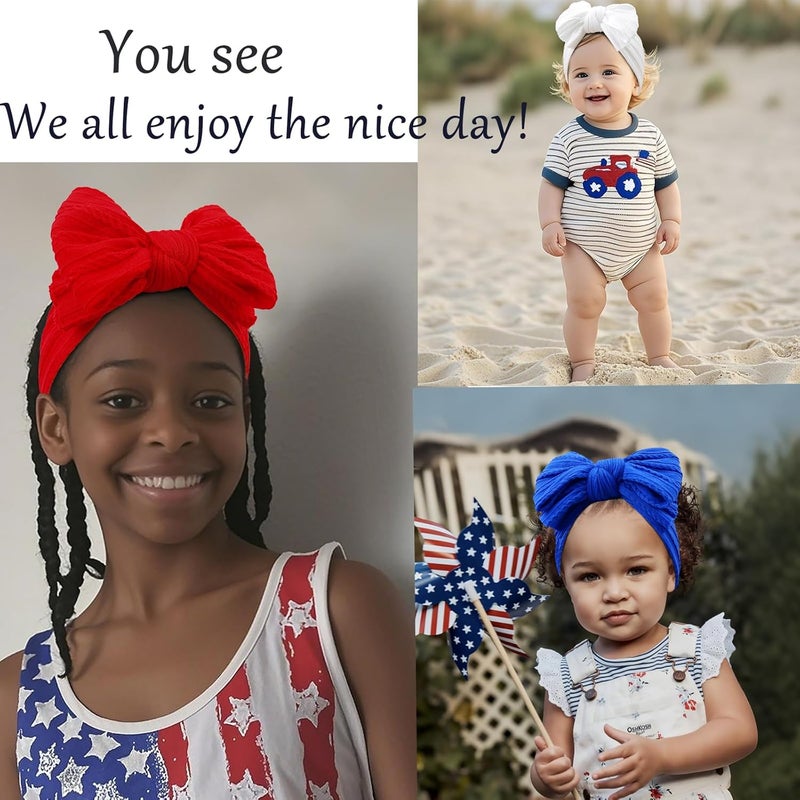 LemonSpace Store Handmade Headband for 4th of July Blue Baby Bow Newborn Accessories Infant Girls Hair Bows Red White and Blue Stretchy Soft Nylon Baby girl Bows Newborn Toddlers Headwrap - Image 3